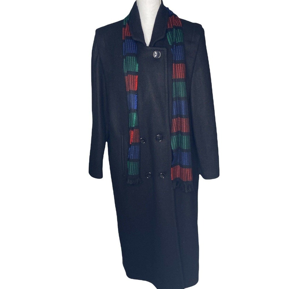 Vtg Sz 12 Womens Black Wool Blend Long Coat Trench Button Front Komitor USA